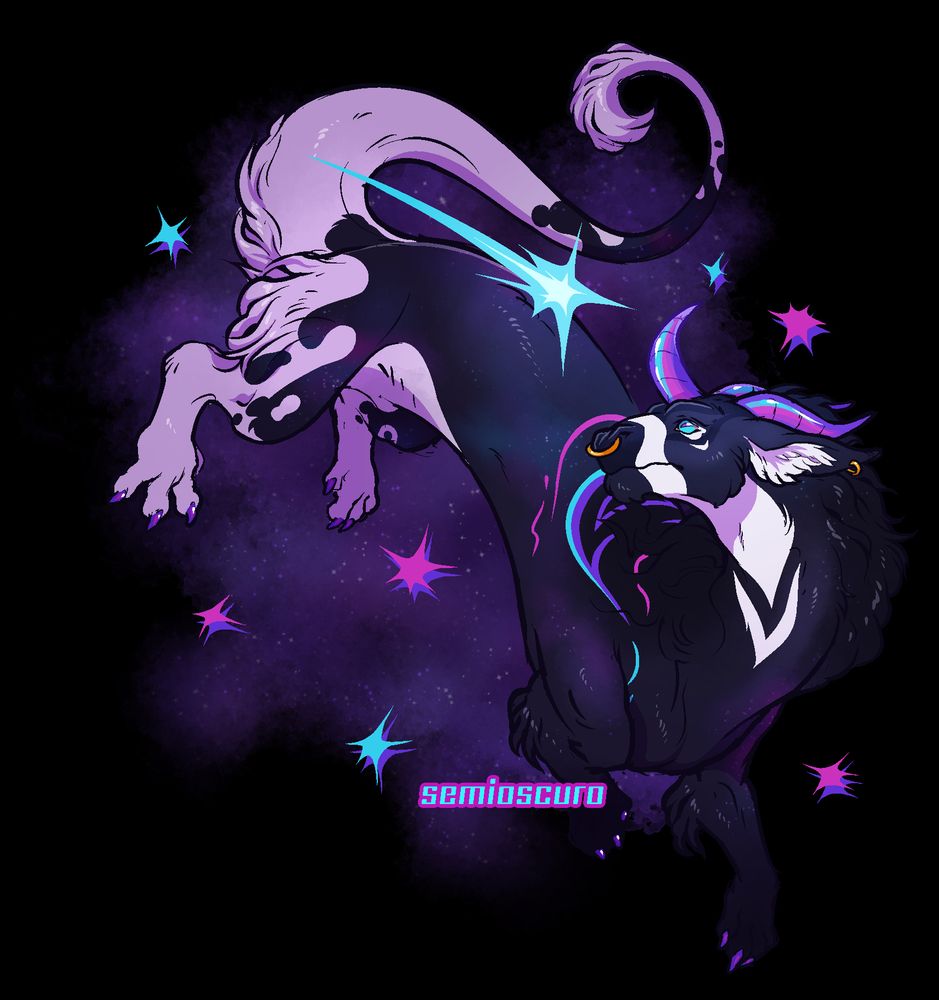 Fullbody art of a furred lung dragon character floating among stars, with a shooting star overhead. They have a goat-like face, three holographic horns, and fluffy ears, mane and tail. They have piebald and star markings, and are wearing a gold nose ring and small earrings. Colors are dark purple, white, and vivid purple, electric blue, and pink.