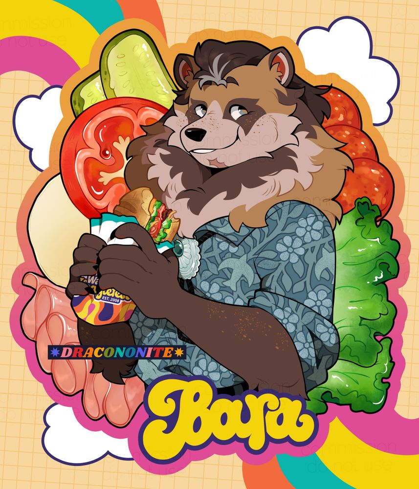 Digital art badge of an anthro tanuki character, smiling and chewing a bite of a hoagie sandwich. They’re surrounded by sandwich ingredients like tomatoes, pickles, provolone, deli meat, pepperoni, and lettuce. Their name Bara is at the bottom of the badge. The badge is themed around Wawa Hoagiefest, with rainbows and clouds in the background, and font of the character’s name. The character is wearing a paisley shirt with rolled up sleeves, tucked into pants and with a silver amulet. Colors are browns and creams, teals, pink, orange, teal and yellow.