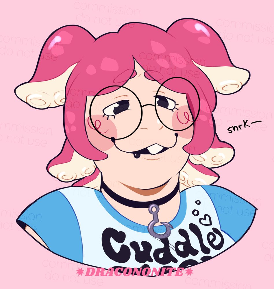 A bust of a humanoid cuttlefish character smirking and holding back a laugh. She has pink tentacle hair, a beak-like tooth, and ink dripping out of her mouth. She’s wearing a graphic tee, round glasses, and a choker with a fish-hook.