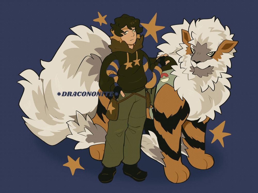 Art of a human character standing in a relaxed pose next to their Arcanine partner, with a hand resting on its shoulder and both looking toward the viewer with stoic expressions. The Arcanine is wearing a service animal vest and has grey markings in its fluff, including a beard. The character has light skin, fluffy duo-toned brown and blond hair, and is wearing a brown, blue and gold outfit with a jacket, bags, fingerless gloves, and boots.