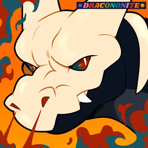 Icon of a Charizard character with a grumpy snarl, breathing duotoned fire out of their nose. They have a skull-like face and bone features on the neck similar to Houndoom, and slit pupils with colored sclera. Background is a gradient. Colors are black, grey, off-white, red, dark teal, and orange-yellow.