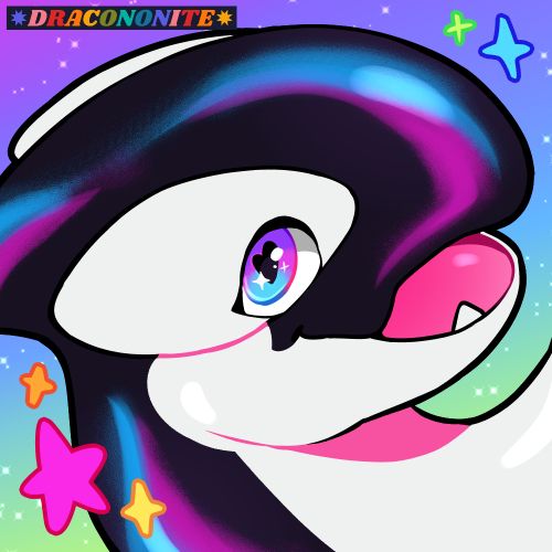 Icon of a Lugia character swooping in from the side and smiling open-mouthed at the viewer. They have orca-like markings and have multicolored shines. Their pupil is heart shaped and their eye is multicolored and sparkly. They are surrounded by colorful stars and a glittery gradient background. Colors are black, white, and vivid blue, purple and pink, with teal accents.