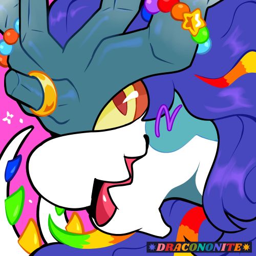 Icon of a Walking Wake Pokemon character smiling open-mouthed at the viewer, with their double tails swooping in the background. They are wearing bead bracelets and a gold ring on their crest, and have rainbow threads in their mane, and rainbow spikes on their tail. Colors are blue, teal, white, purple, and rainbow accents, with a pink background.