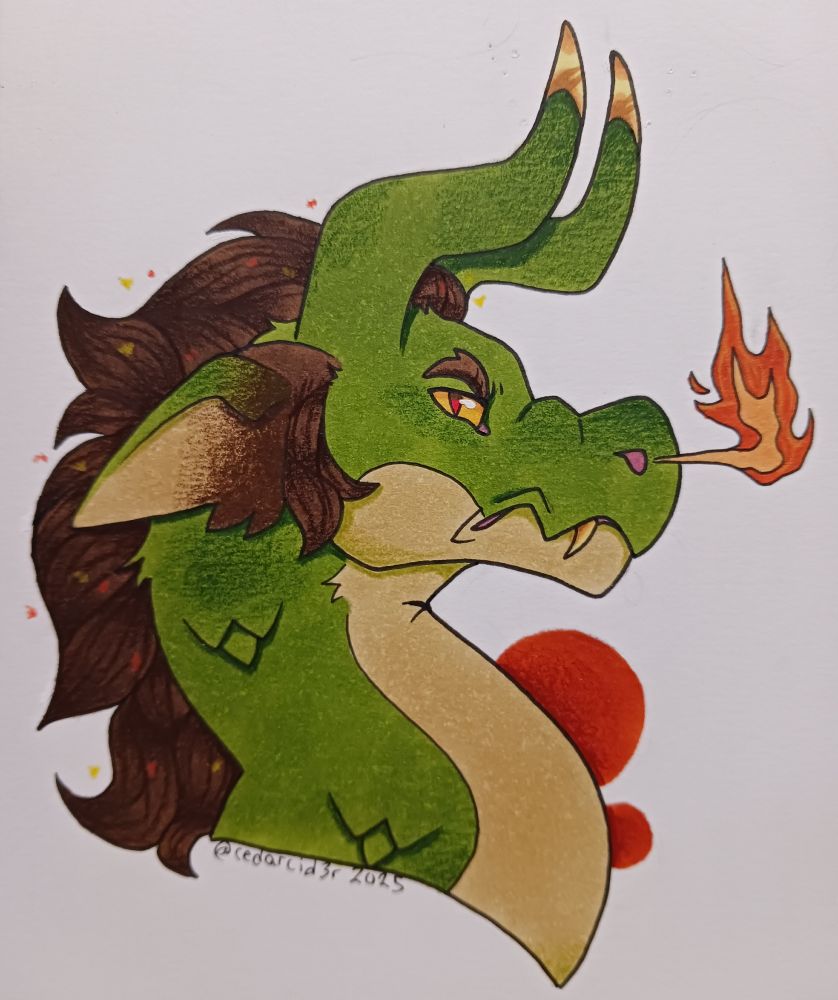 Traditional art of a wyvern character snarling and exhaling fire out of their nose. They have bull-like horns, a fluffy mane and sideburns, and triangular scales. Colors are green, cream, brown, orange, red and gold.