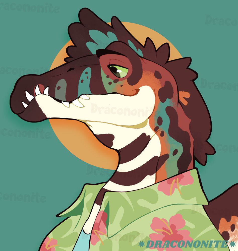 A profile bust of an anthro spinosaurus character with a content smile and relaxed eyes. They are wearing a hibiscus and monstera patterned button up top and have brown markings with a cream underbelly and soft accent markings of turquoise, green and orange.