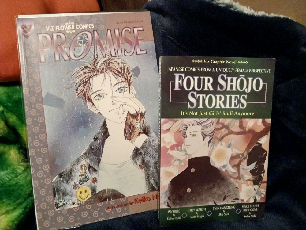 A photo of two manga. On the left is Promise, a trade paperback of two Keiko Nishi stories, and in the right is Four Shojo Stories, a collection of four different stories by three different authors.