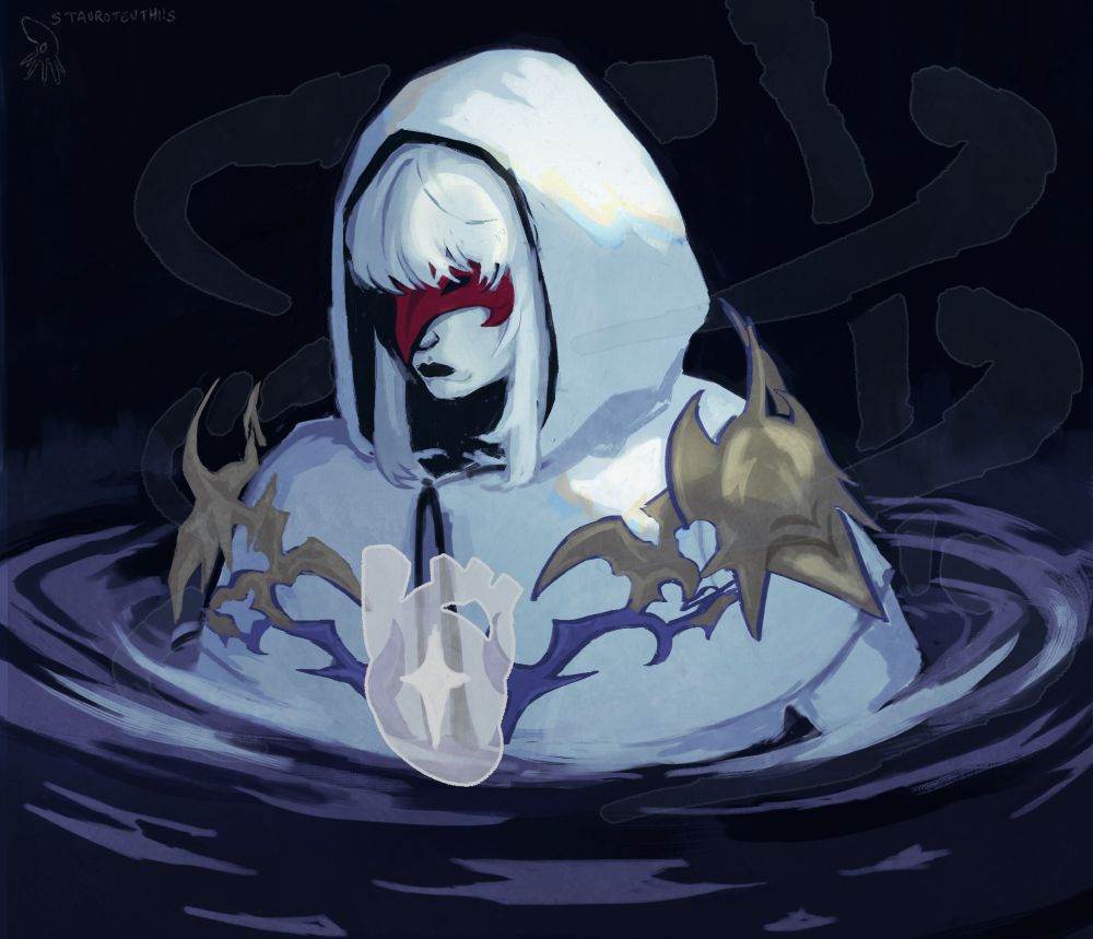 illustration of elidibus from final fantasy xiv, partially submerged in a black pool, with a spectral skeleton and heart