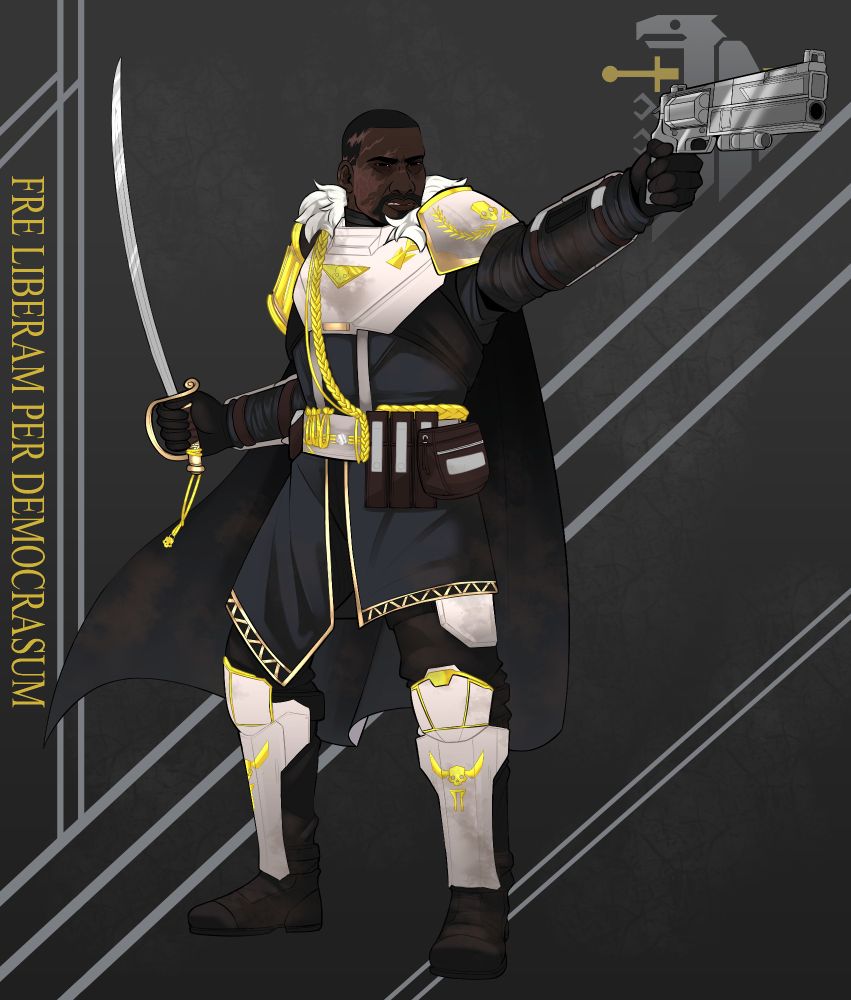 Helldivers OC // A black man scowling wearing white and grey armor- the right side of his face is covered in large scars and he is wielding a sword and pistol. 