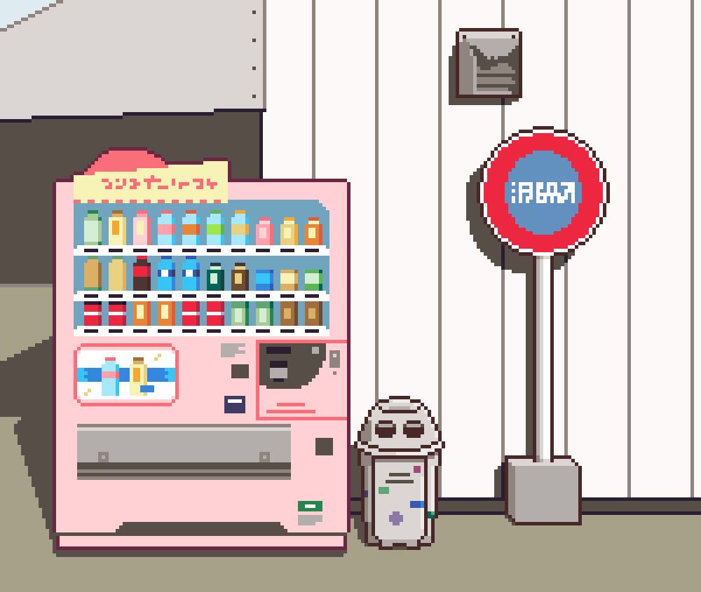 This is a pixel art study of a vending machine filled with drinks. It's accompanied by a stop sign and a trashcan.