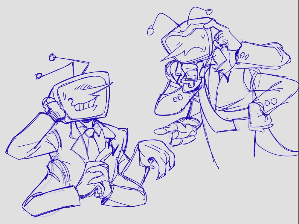 sketches of four arm tenna. in one he's SHEEPISH in the other he's CONFUSED
