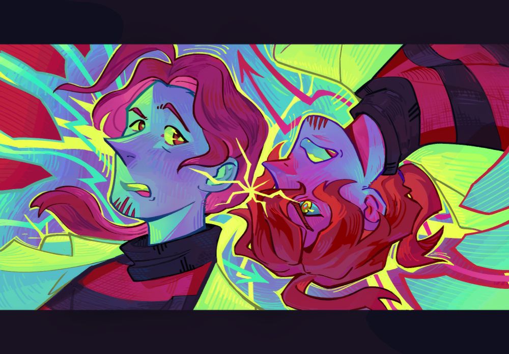 a layton brothers digital illustration rendered with bright contrasting colors and graphical background elements. alfendi's personalities are drawn as rotated mirrors; fendi looks confused as al shouts angrily in his ear. eyestrain tw