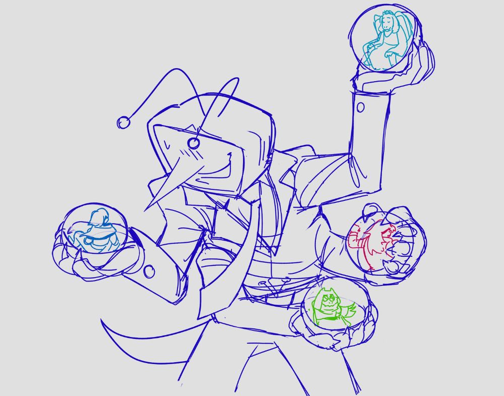 sketch of four arm tenna. he's got the fun gang and toriel in gachapon balls, on in each hand
