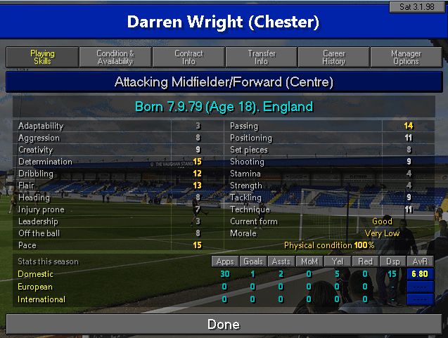screenshot from the game, profile of Darren Wright promising 18 years old English attacking midfielder/forward who played 30 games so far this season, averaging 6.80, one goal and two assists