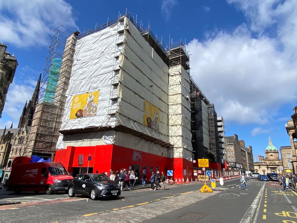 Image of Edinburgh's G&V Hotel on George IV Bridge which is covered in scaffolding.
