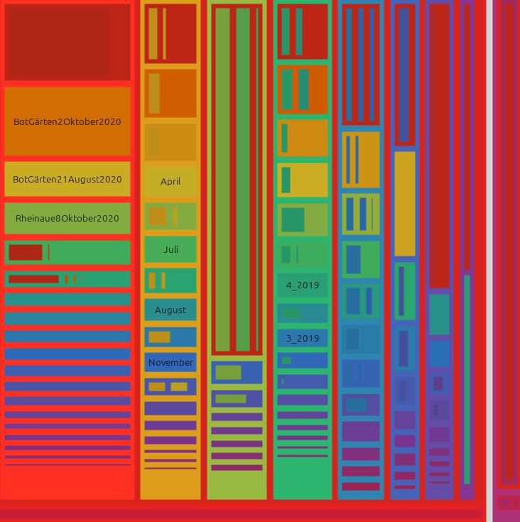 Felder in vielen verschiedenen Regenbogenfarben, die zusammen ein großes Rechteck ergeben.Einige größere Felder sind beschriftet, zum Beispiel mit BotGärtenOktober 2020.