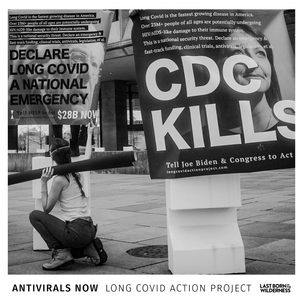 Black and white image with a masked activist crouching, with two signs displayed. On the left is a sign with the face of Sen. Bernie Sanders, with the text: "DECLARE LONG COVID A NATIONAL EMERGENCY". On the right is a sign with the face of CDC Director Mandy Cohen with the text: "CDC KILLS".

Below the image is the text: ANTIVIRALS NOW / LONG COVID ACTION PROJECT / LAST BORN IN THE WILDERNESS