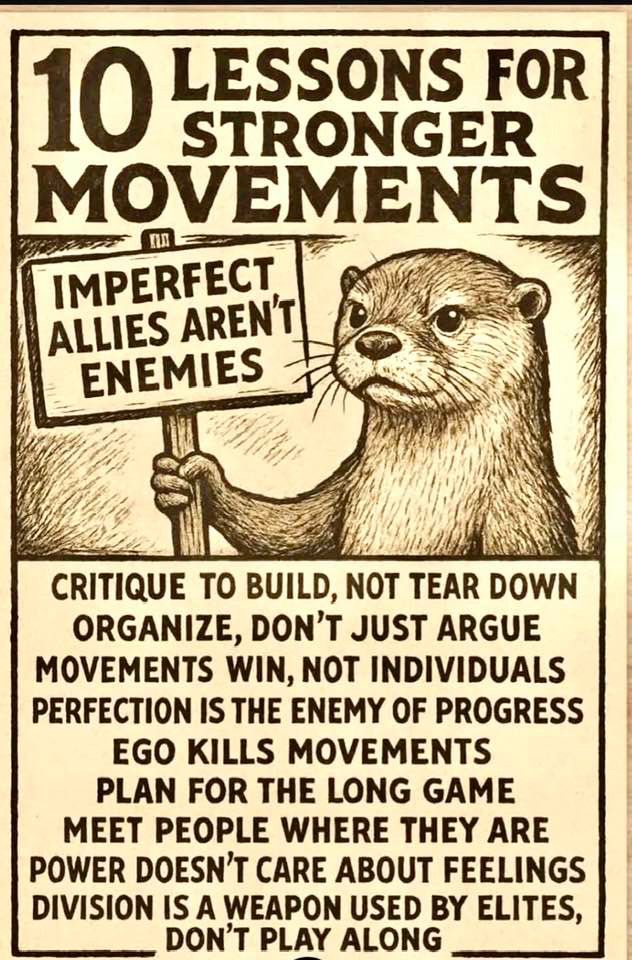 10 lessons for stronger movements. 
Imperfect allies aren’t enemies.
Critique to build, not tear down.
Organize, don’t just argue.
Movements win, not individuals.
Perfection is the enemy of progress.
Ego kills movements.
Plan for the long game.
Meet people where they are.
Power doesn’t care about feelings.
Division is a weapon used by elites , don’t play along.