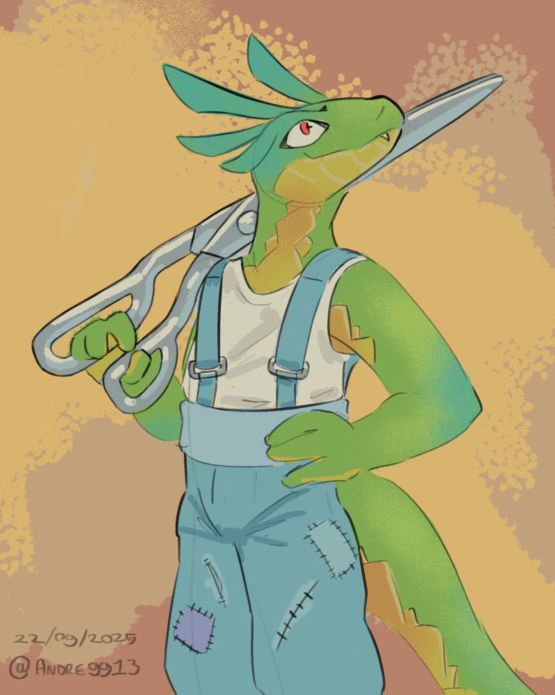 snake lady wearing overalls and holding a giant pair of scissors