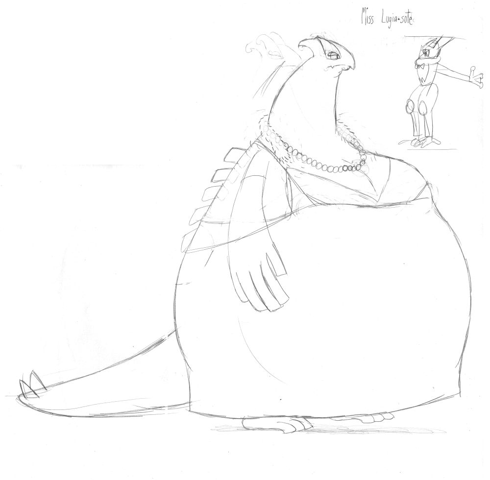 An enormously fat Lugia wearing an ill-fitting dress, a very long pearl necklace, those elegant arm-long gloves and a poofy scarf thingy usually found on rich ladies.  A waiter Greninja is present for height comparison.