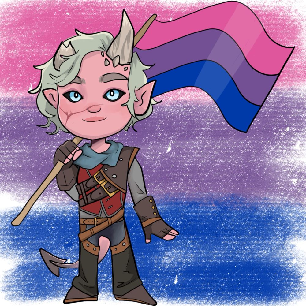 Lenora, a Tiefling, proudly holding the Bisexual flag!
