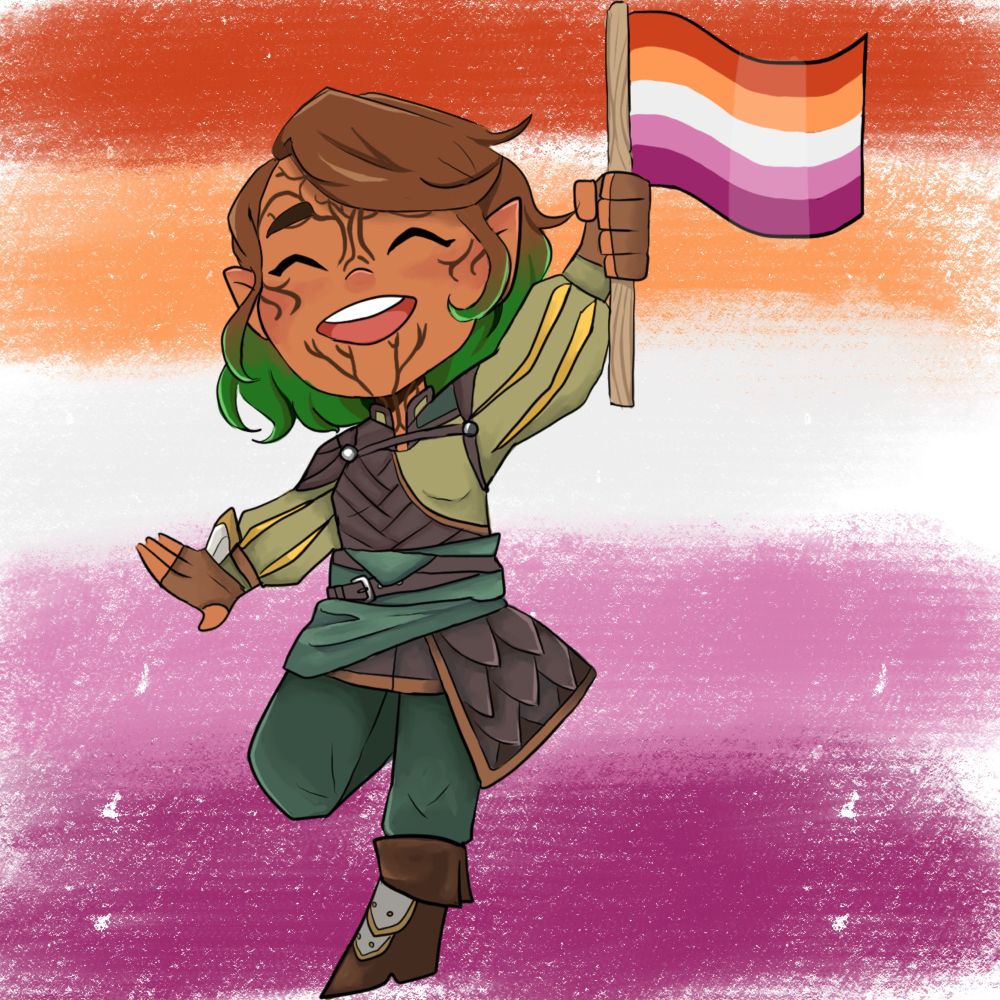 Mira, a Half-Elf, happily waving the Lesbian flag!