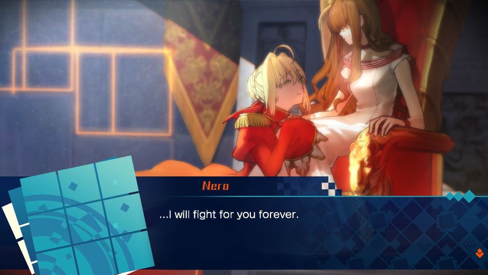 Nero from Fate/Extella kneeling at the feet of the female MC and saying "...I will fight for you forever"