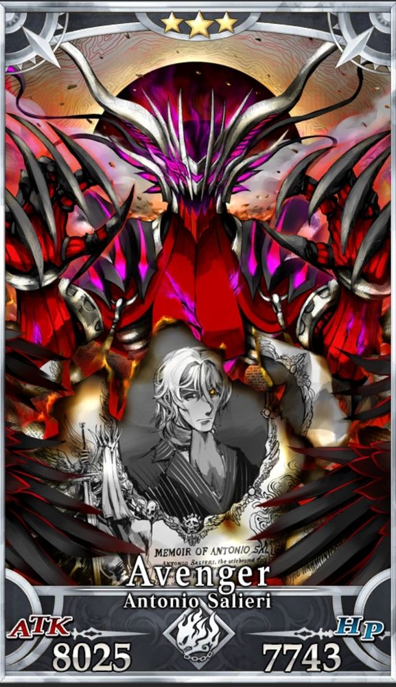 A figure in demonic red armor holds the burning memoir of Antonio Salieri.
Text: Avenger Antonio Salieri 