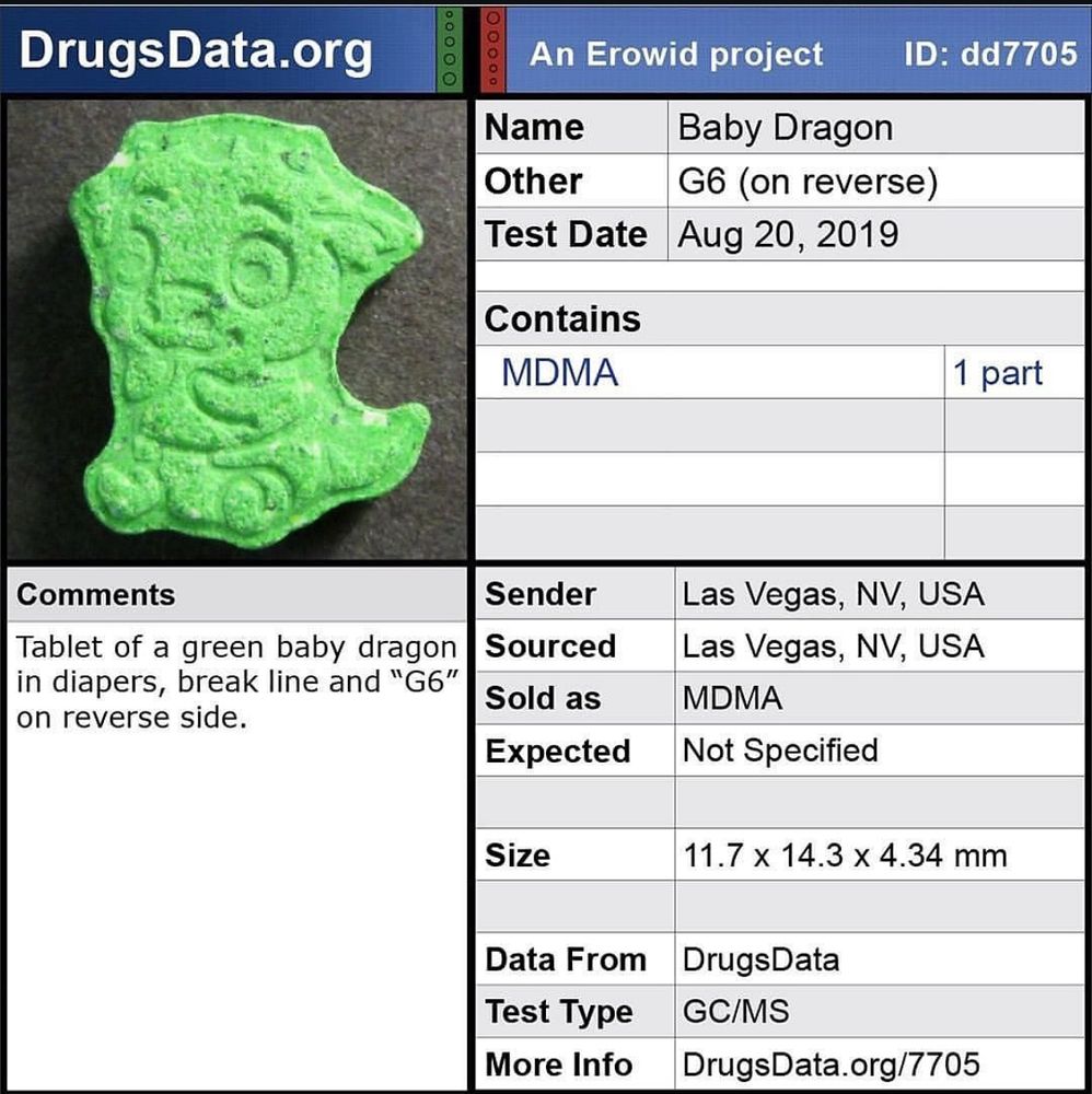 A screenshot from the website DrugsData.com, showing a test of an ecstasy tablet. The tablet is described as a “Green baby dragon in diapers tablet, break line and G6 on reverse side.” and links to https://www.drugsdata.org/view.php?id=7705