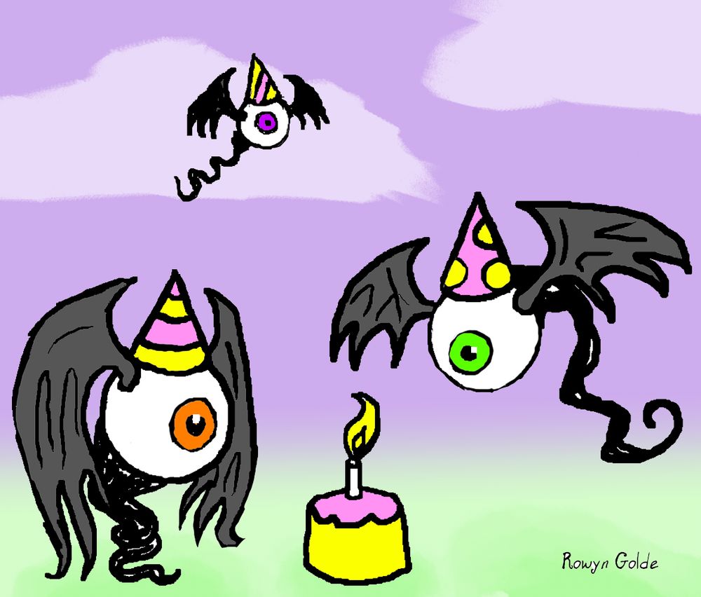 Flying eyeballs wearing party hats surround a cake that has a single lit candle in it.