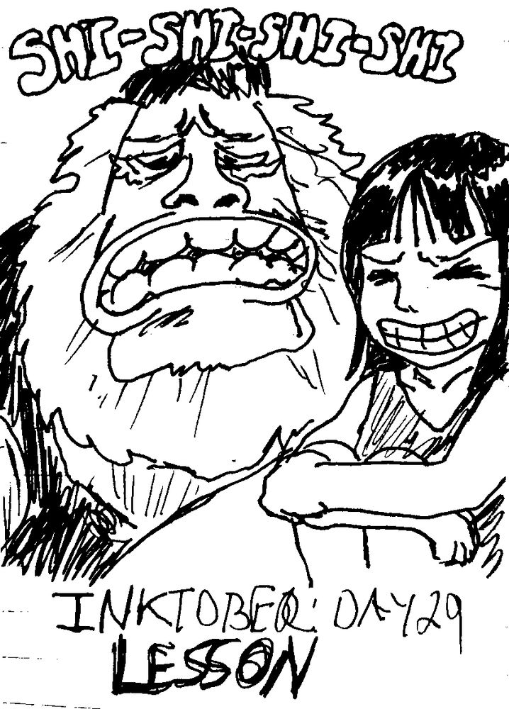 BUBBLE TEXT READING: "SHI-SHI-SHI-SHI"

A not-so-good pen depiction of Jaguar D. Saul and Nico Robin laughing together.

TEXT READING: "INKTOBER: DAY 29"
TEXT READING: "LESSON"