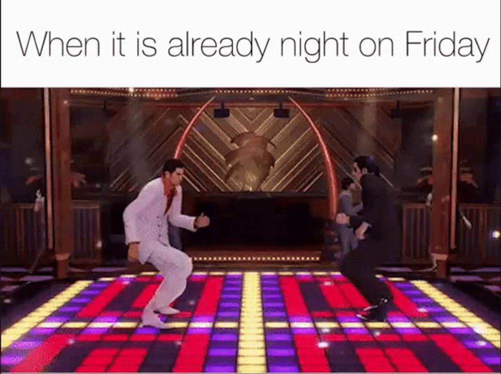 two men are dancing on a dance floor in a video game on friday .