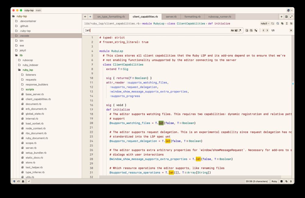 A screenshot of a code editor displaying Ruby code related to the Modus Operandi Tinted theme for Zed. The code focuses on client capabilities for the Ruby LSP (Language Server Protocol). The left sidebar shows the project structure, including folders like .devcontainer, .github, and lib, with files such as client_capabilities.rb and server.rb open in the main window. The code includes annotations, method definitions, and comments explaining the functionalities that the editor supports, such as watching files and request delegation.