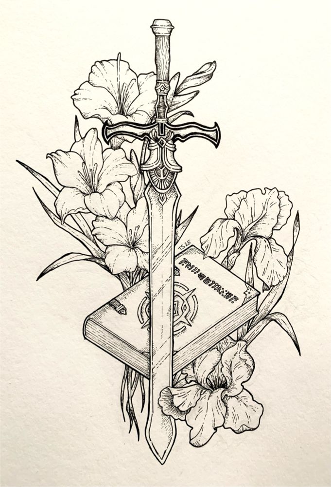 Ink drawing of the Rangnell sword and Rexcalibur tome from Fire Emblem surrounded by gladiolus and iris flowers