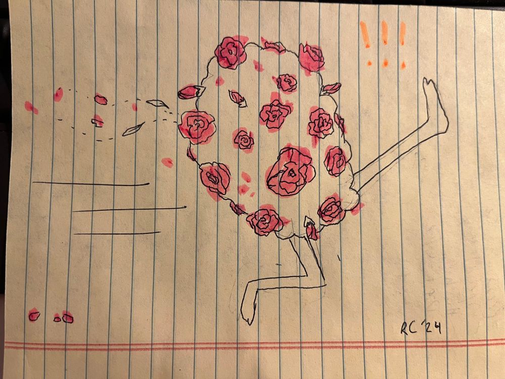 A pen and highlighter drawing of a False Rose Bush from the game Home Safety Hotline. It is a rose bush with humanoid branch legs that is running from the left to the right, with one leg stuck out and up at a diagonal and the other bent under it. This is on lined notebook paper turned sideways so the lines are vertical.