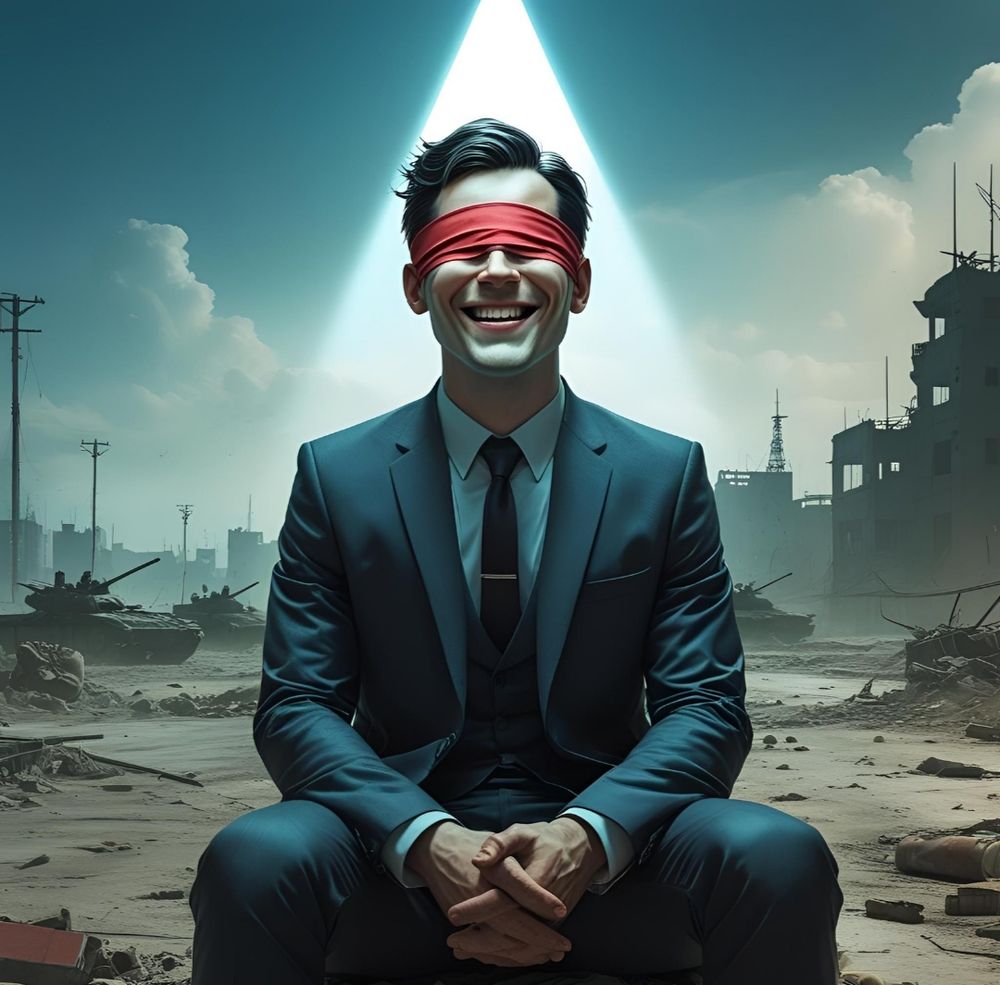 Man sitting blindfolded in a war zone with a spotlight shining on him from above