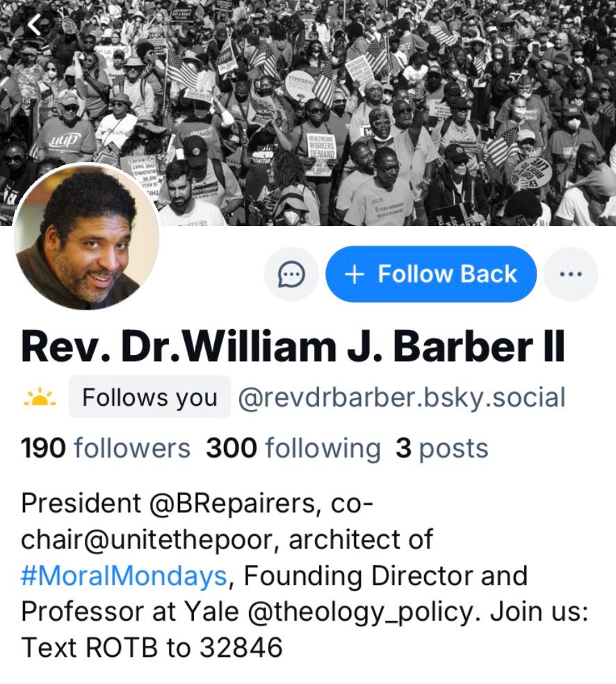 A screen shot showing the Reverend Dr. William J Barber following the account of @PTSDpuzzle