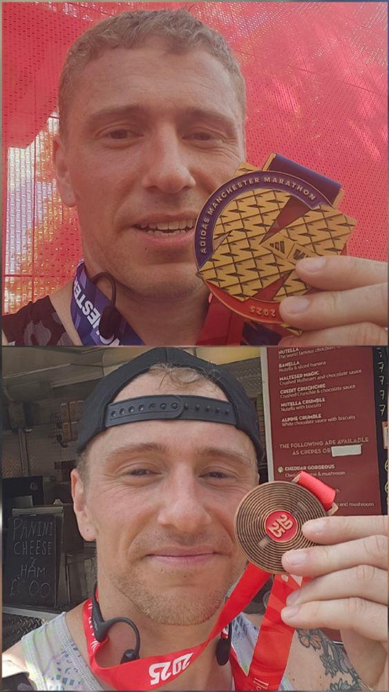 Two images (taken right at the end of the events) of a tired, sweaty man holding marathon medals. Top image, Manchester Marathon 2025; a red, blue and off-bronze "M". Bottom image; a bronze medal made to look a bit like a record, with "2025" in the centre.