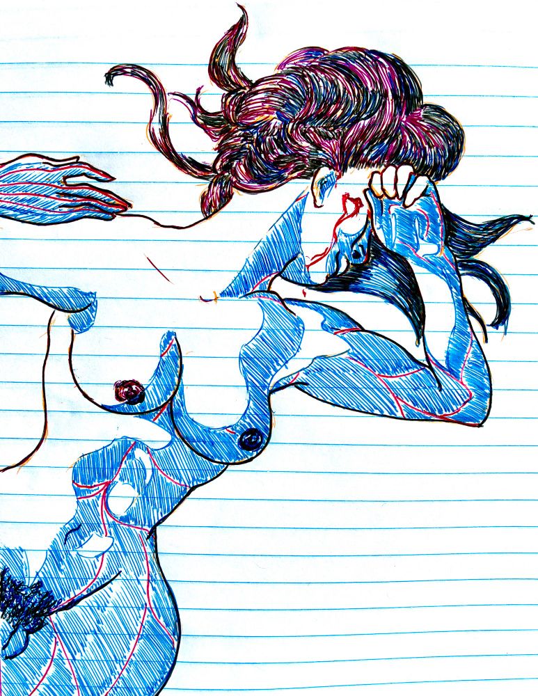 Kris Denton, turning away from a bright flash of light. In the shadows cast on her body can be seen the blue coloration and red lines of her spirit form