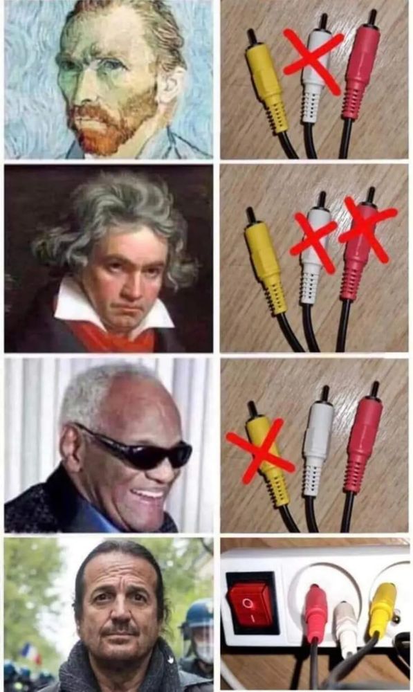 Photo de Van Gogh, Bethoven, Ray Charles avec en contre vue des prises RCA (son vidéo) et Lalanne avec les 3 qui marchent pas