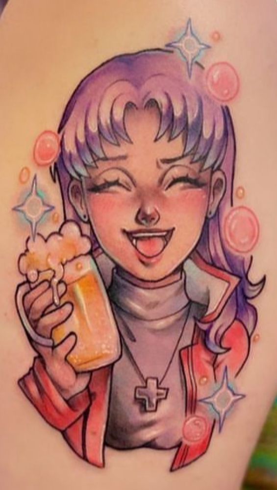 Tattoo of Misato Katsuragi from Neon Genesis Evangelion smiling and holding a beer 