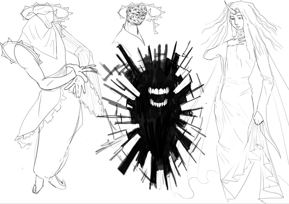 sketch page featuring 3 main figures and an additional bust of the leftmost one. The one on the left has their face covered and wears spiked halos around their head and shoulders, the middling one is a dark crack in space containing only disembodied teeth looking straight at the viewer, and the rightmost one is a woman in a long dress wearing the horn of a unicorn as a diadem