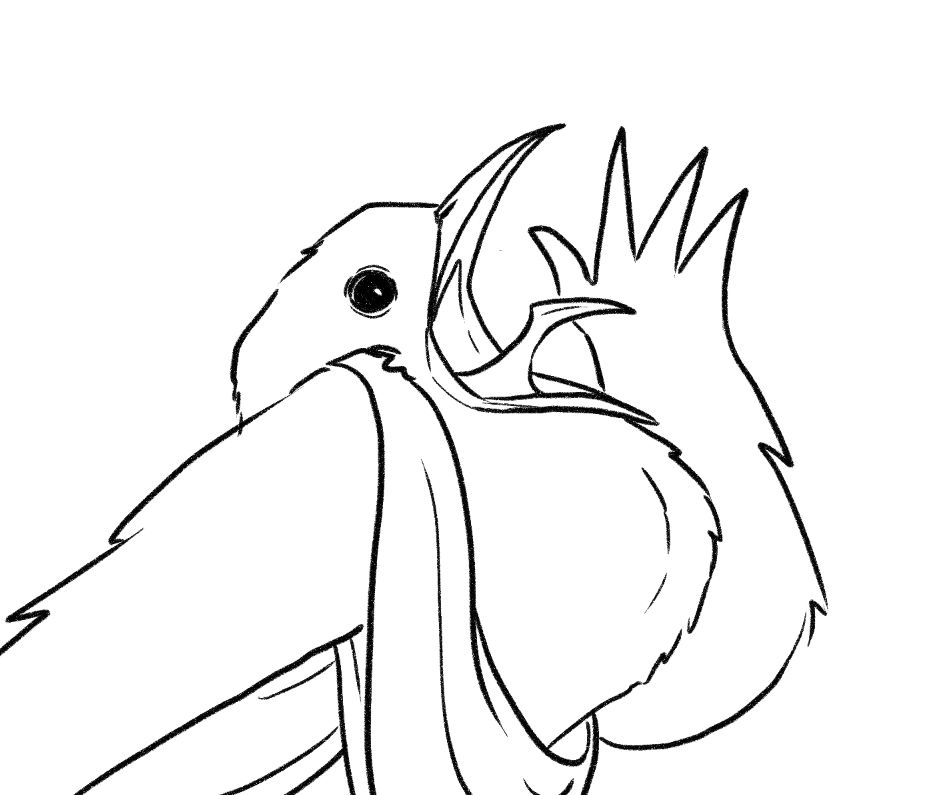 An black and white ink drawing of a screaming piha. It's wings have hands on the end and it is holding one up to scream louder, while wearing some draping scarf bits around its body. Just totally normal bird things.