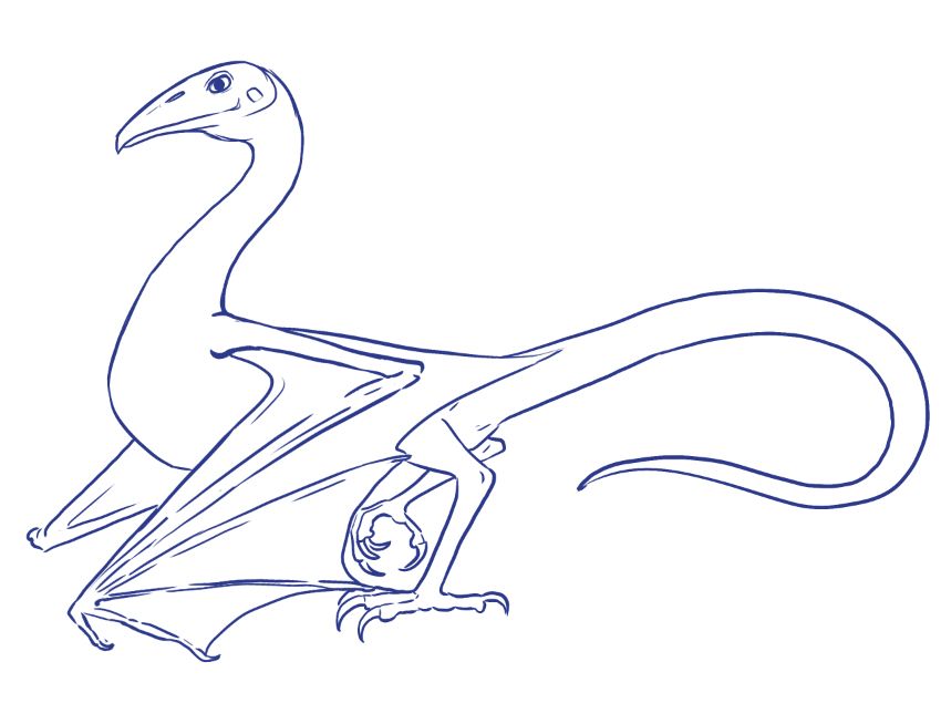 A line drawing of a dragon - the kind with only 2 legs. It is standing using it's folded wings for balance. It's drawn in blue ink for some reason I no longer recall.