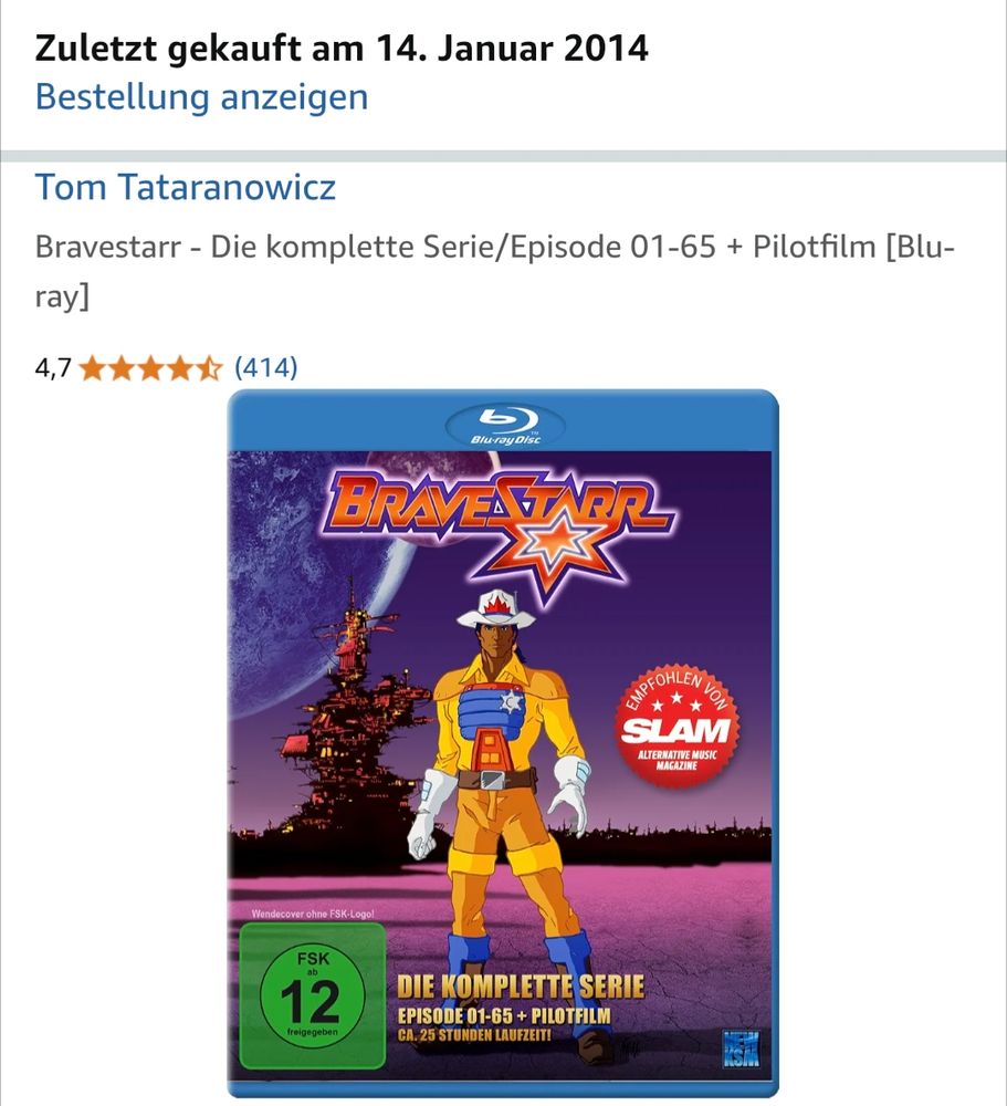 Screenshot einer Amazon Bestellung aus 2014, abgebildet ist die Bravestarr Blu-ray box