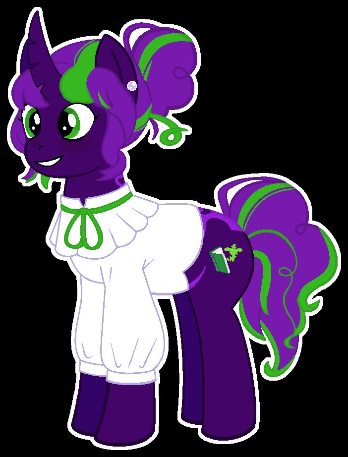 A dark purple unicorn in the My Little Pony: Friendship is Magic style. She has wide, neon green eyes with bags under them. Her mane and tail are a lighter purple than her coat and are streaked through with neon green. Her mane is curly and thrown up in a messy bun with straight bangs. She's wearing a white poet shirt with a green ribbon at the neck and pearl earrings. She's smiling and looking to the left.