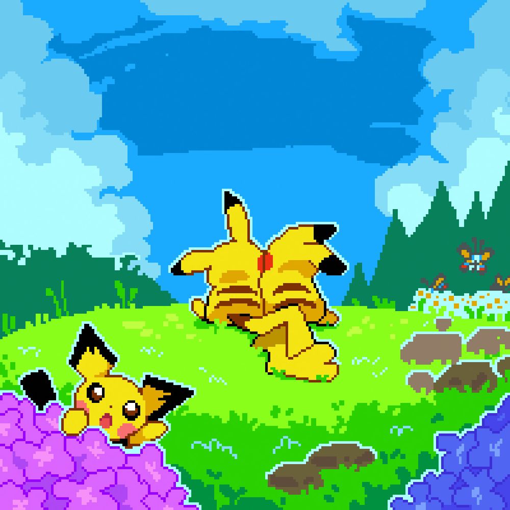 An illustration of a male and female Pikachu on their backs, spending time together cuddling in a serene landscape, with their tails resting at each other. Their red circle cheeks touch each other in a comfy manner.

They are surrounded with trees, and flowers with purple and blue petals. The blue sky has large fluffy clouds.

There is a Pichu behind the purple flowers, pointing at them with a surprised expression towards the viewer.

3 Beautifly can be seen flying over assorted flowers from a distance.