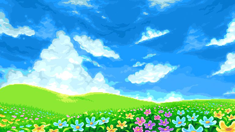 A vibrant landscape of lush green hills and assorted colorful flowers.

Big fluffy clouds are scattered across the vast blue sky.

This piece was inspired with Windows XP's default wallpaper.