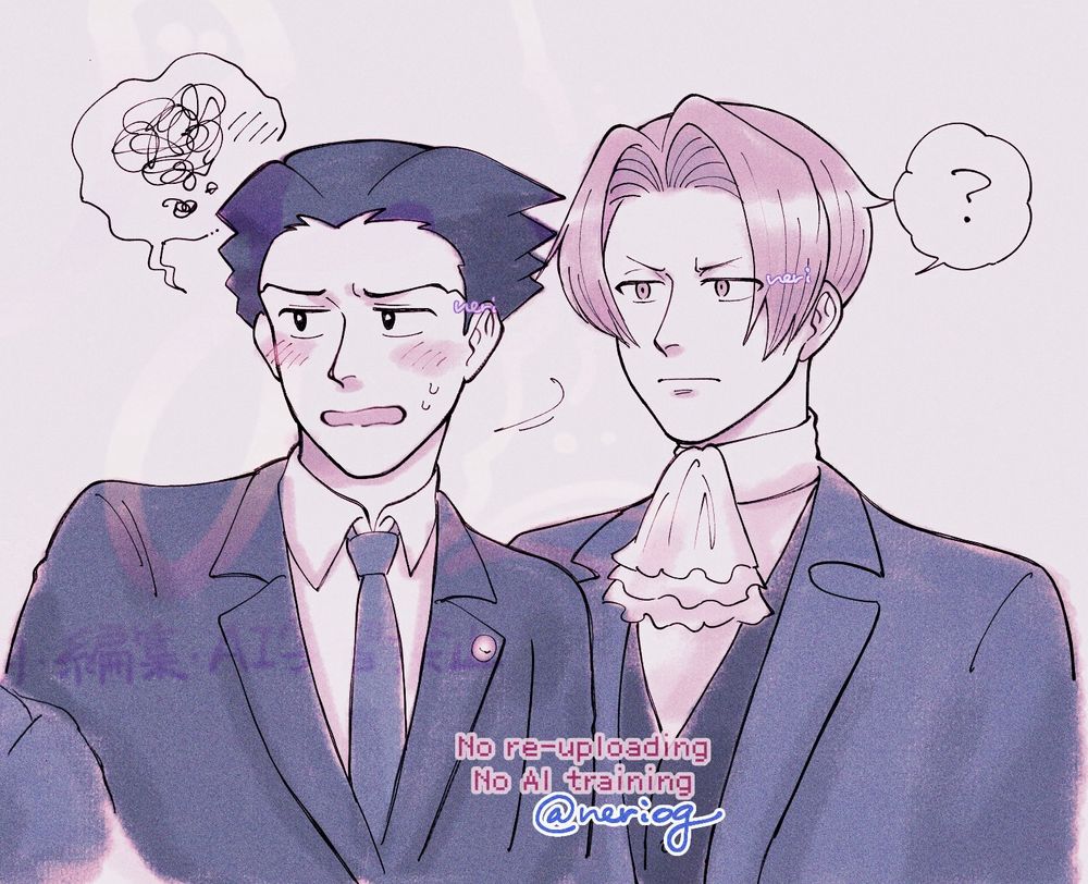 AA fanart.
Phoenix frowns and turns away awkwardly, his cheeks still red. Miles has a look on his face that says he doesn't know what happened.
