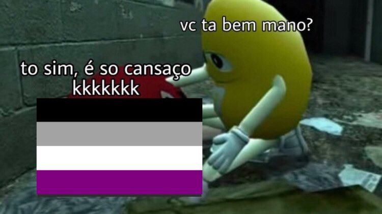 Meme onde aparecem um mascote amarelo de m&m's, sobre ele está escrito "vc tá bem mano?" e ele está ajoelhado estendendo os braços pra outro mascote que está deitado no chão, sobre esse último tem uma bandeira assexual e está escrito "to sim, é so cansaço kkkkkk".
