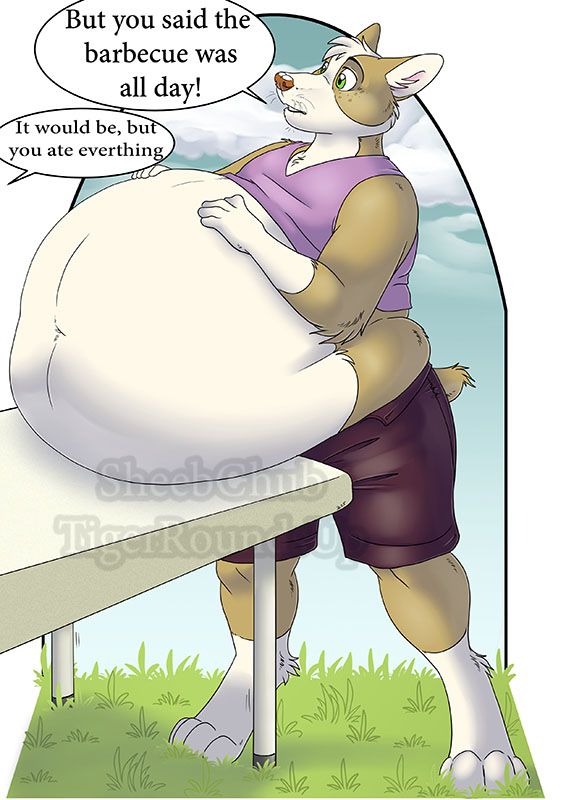 An overstuffed corgi resting a massive belly on a table. They look confused. They're wearing a purple tank top and burgundy shorts. They're saying "But you said the barbecue was all day!" An off screen person is replying "It would be, but you ate everything." The background is a partly cloudy sky and green grass.